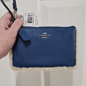 Coach Blue Wristlet with Shearling Trim